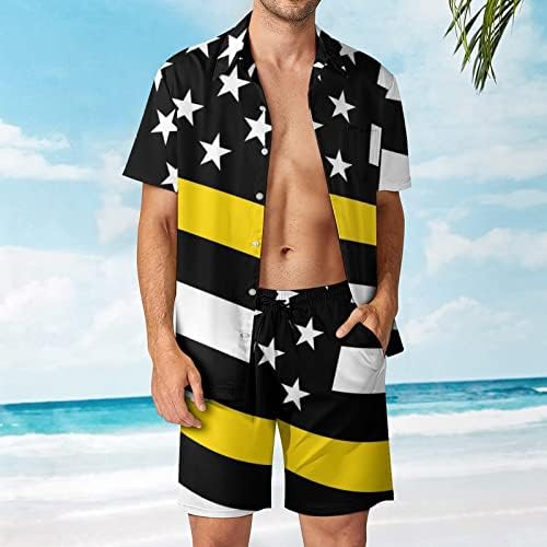 ABD İnce Sarı Çizgi Bayrağı erkek 2 Parça Plaj Kıyafetleri Hawaiian Düğme Aşağı Kısa Kollu Gömlek ve Şort Takım Elbise