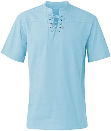 ZEFOTİM Viking T Shirt Erkek Kısa Kollu V Boyun Dantel-up Henley Gömlek Casual Vintage Batı Sıkıntılı Tişörtleri