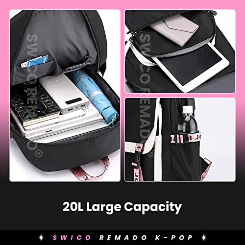 Swico Remado K-pop Laptop Çantası Bookbag, USB Şarjlı ve Kulaklık Bağlantı Noktalı, Siyah ve Pembe (Pembe)