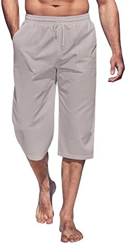 uSecee Pamuk Keten Pantolon Erkekler için Capri harem pantolon İpli Elastik Bel Spor dinlenme pantolonu Plaj Yoga Pantolon