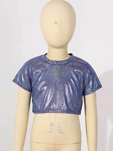 Aııhoo Çocuk Kız Parlak Metalik Kırpma Üstleri Erkek kısa kollu tişört Modern Dans Performansı Kostüm Mavi 7-8 yıl