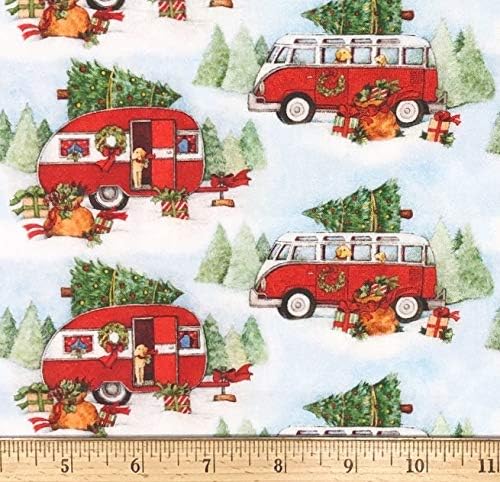 1/2 Yard-Klasik Kırmızı VW Otobüs ve gözyaşı Camper Noel Pamuklu Kumaş (Kapitone, Dikiş, el Sanatları projeleri, Yorganlar,