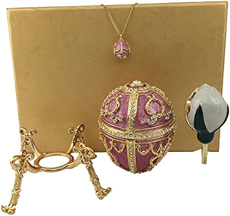 Faberge Tarzı Pembe Yumurta Ve Kolye Kolye Emaye Kristal Koleksiyon Antika Hediye Vintage Biblo Heykelcik Mücevher Kutusu