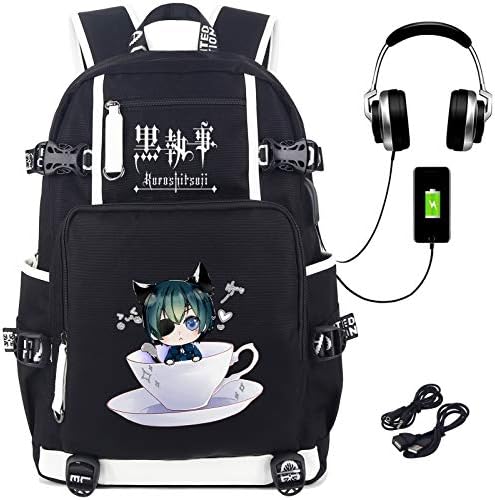 Roffatide Anime Siyah Butler Sırt Çantası Kitap Çantası Dizüstü okul çantası USB şarj portu Ve Kulaklık Portu ile