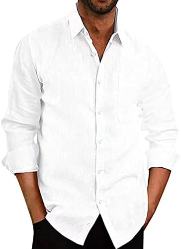 Erkek Pamuk Keten Uzun Kollu Gömlek Casual Plaj Düğme Aşağı Gömlek Düzenli Fit Ultra Kırışıklık Ücretsiz Esnek Gömlek