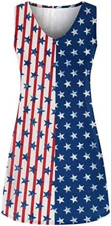 4th Temmuz Mini Elbiseler Kadınlar için Gevşek Rahat Yaz Mini Elbise Kolsuz V Boyun Amerikan Bayrağı Çizgili Kravat Boya
