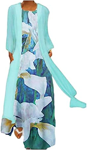 Yaz elbisesi Kadınlar için 2023 O-boyun Kolsuz Şifon Katı Hırka Çiçek baskılı uzun elbise Dökümlü İki Parçalı Set Maxi Elbise