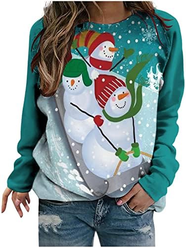 Xıaojmake kadın Noel Üstleri Sevimli Kardan Adam Baskı Tişörtü Casual Uzun Kollu Ekip Boyun Gevşek Kazak Bluzlar