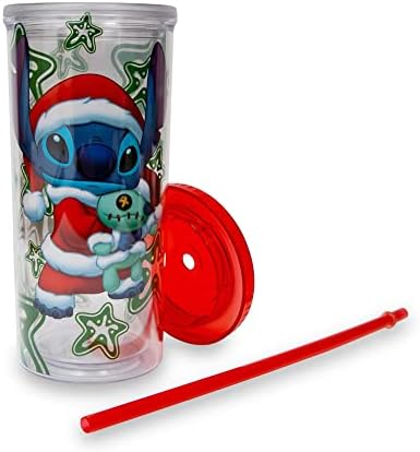 Disney Lilo ve Stitch Santa Kıyafet 20 Ons Plastik Karnaval Bardak Bardak Yeniden Kullanılabilir Saman ve Sızdırmaz Kapaklı