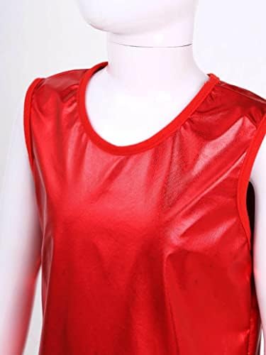 Jızyo Çocuk Erkek Kız Sparkly Metalik Yelek Dans Üst Caz Modern Dans Sahne Performansı Tee Gömlek Giyim Kostüm Kırmızı 11-14