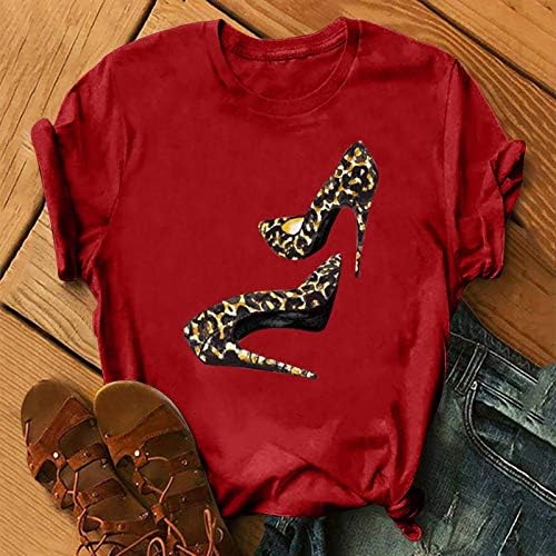 Kadın leopar yüksek topuklu baskı üstleri kısa kollu artı boyutu T-Shirt rahat O-boyun gevşek bluz Tunik