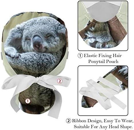 2 Adet Hemşire Fırçalama Kapaklar Kadın Uzun Saç, Koala Hayvan Ayarlanabilir Çalışma Kap Düğmesi ve Ter Bandı ile Çok Renkli