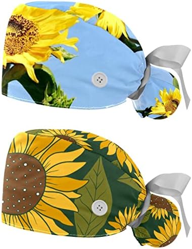 HomeDecorZone 2 Parça Ayçiçeği Desen Çalışma Kap Düğmeleri ile, ayarlanabilir Kabarık Şapka ile At Kuyruğu Tutucu