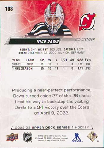2022-23 Üst Güverte 108 Nico Daws New Jersey Şeytanlar Serisi 1 NHL Hokey Ticaret Kartı