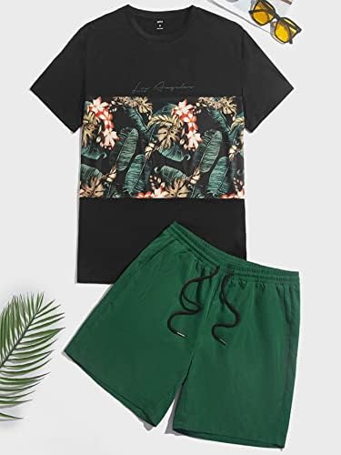 LUBOSE İki Parçalı Kıyafetler Erkekler için Erkekler Tropikal Baskı Tee ve İpli Bel Şort (Renk: Çok Renkli, Boyut: XX-Large)