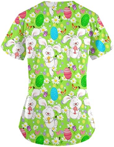 Kadın Gnome Yumurta Tavşan Baskı Artı Üstleri V Boyun Eğlenceli T Shirt Workwear hemşire üniforması Tee Cepler ile