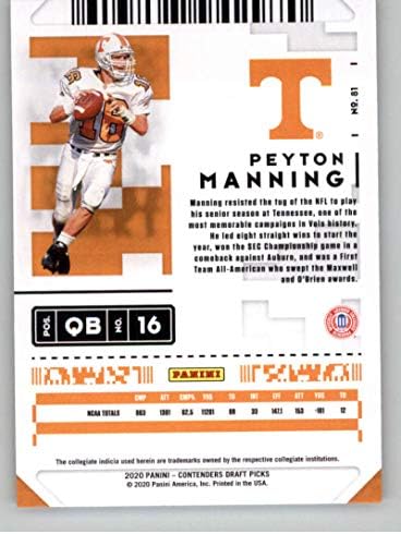 2020 Panini Yarışmacıları Taslak Sezon Bileti 81 Peyton Manning Tennessee Gönüllüleri Futbol Ticaret Kartı