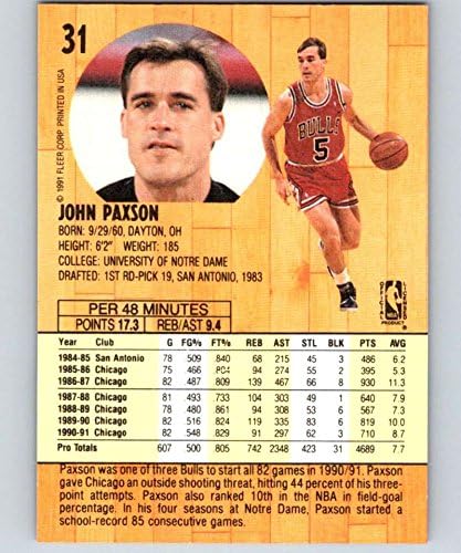 1991-92 Fleer Serisi 1 Basketbol 31 John Paxson Chicago Bulls Resmi NBA Ticaret Kartı