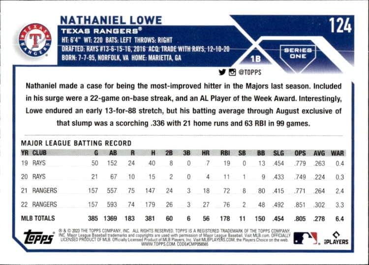 NATHANİEL LOWE 2023 Topps 124 NM + - MT + MLB Beyzbol Korucuları
