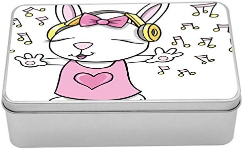 Ambesonne Bunny Metal Kutu, Rock Yıldızı Tavşan Hayvan Hoparlörler Müzik Notaları Kızlar Mizah Kalp Karikatür, Kapaklı Çok