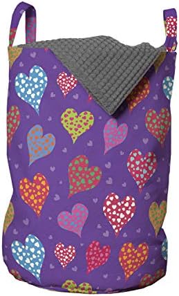 Ambesonne Kalpler Çamaşır Torbası, Küçüklerle Kaplı Renkli Büyük Kalpler Romantik Sevgililer Günü Baskısı, Kulplu Sepet Çamaşırhaneler