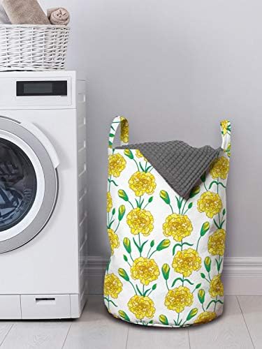Ambesonne Karanfil Çamaşır Torbası, Yapraklı Sarı Tonlarda Karanfil Çiçekleri ve Tomurcukları Doodle, Kulplu Sepet Çamaşırhaneler