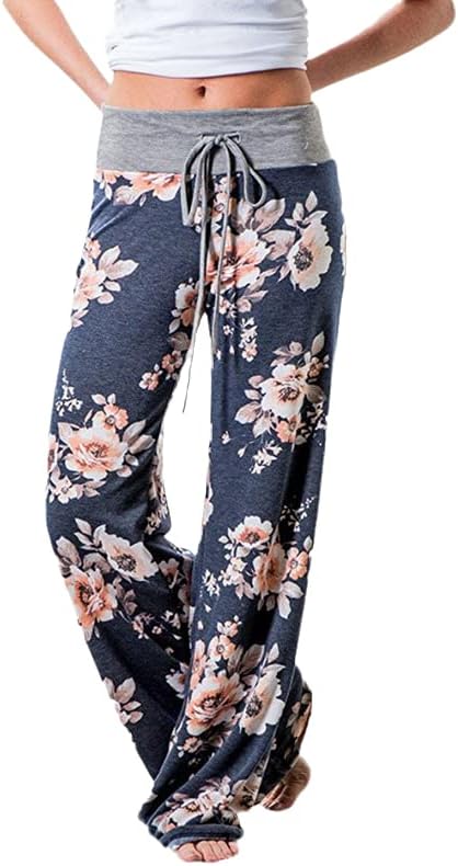 UKTZFBCTW Kadınlar Ince Geniş Bacak Pantolon Çiçek Baskılı Desen Gevşek Bahar Yaz Koyu Mavi XL