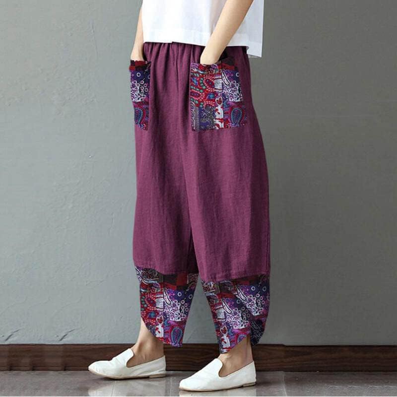 İlkbahar Sonbahar Kadınlar Pamuk Keten Kalem Rahat Baskı Patchwork Gevşek Uzun Pantolon Streetwear Bayan Pantolon Mor S