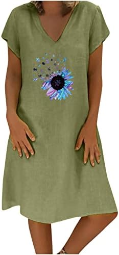 Kadın Pamuk ve Keten Elbise Ayçiçeği Baskı Kısa Kollu Midi Elbiseler Gizlemek Göbek Gevşek V Boyun Gömlek Elbise 2023 Moda
