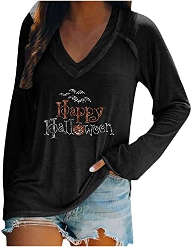 PIMOXV kadın Mutlu Cadılar Bayramı Gömlek Güz Hokus Pokus Sparkly Rhinestone Yarasa Tunik Üstleri Uzun Kollu V Boyun Sevimli