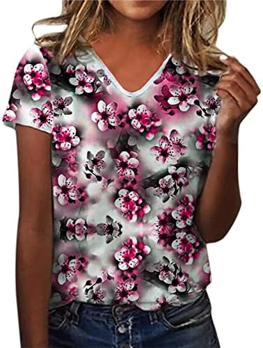 Yaz Bayan Kısa Kollu V Boyun Çiçek Baskılı Üst T Shirt Casual Gömlek Tee Bayan Bayan Yaz Üstleri Gevşek Fit