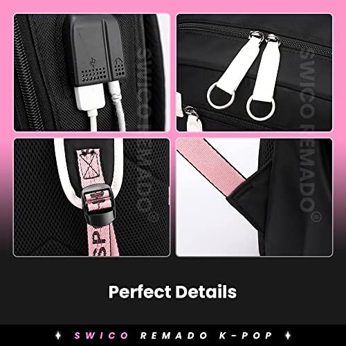 Swico Remado Kpop Laptop Çantası Bookbag ile USB Şarj ve Kulaklık Bağlantı Noktası, Siyah ve Pembe (Siyah Pembe)