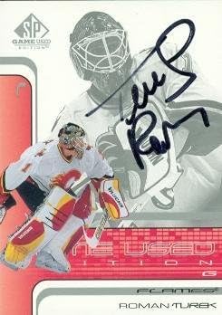 Roman Turek imzalı Hokey Kartı (Calgary Flames) 2002 UD Oyunu Kullanılmış 6-Hokey Oyunu Kullanılmış Kartlar