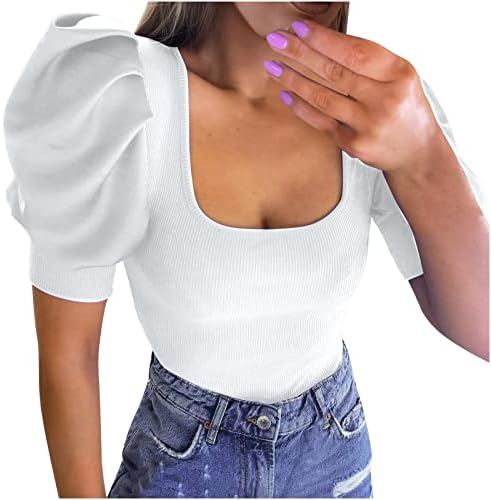 lcepcy Nervürlü Üstleri Kadınlar için Slim Fit Kare Boyun Puf Kısa Kollu T Shirt 2023 Yaz Moda Dışarı Çıkmak Gömlek