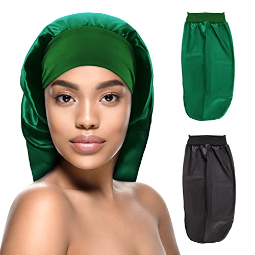 Kenllas Uzun Saten Uyku Bonesi-Uzun Kıvırcık Dreadlock Örgü Saçlı Kadınlar için Ekstra Büyük Gece Şapkası (Siyah ve Yeşil)