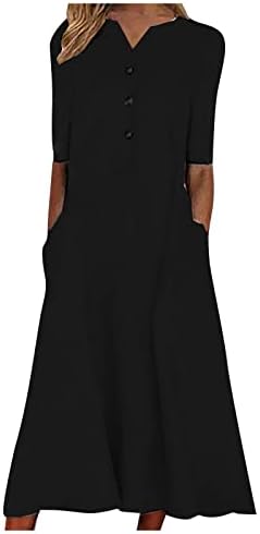 NOKMOPO Kısa Kollu Elbise Casual Düğmeli Düz Renk Baskılı Küçük V Yaka Gevşek Kısa Kollu Elbise