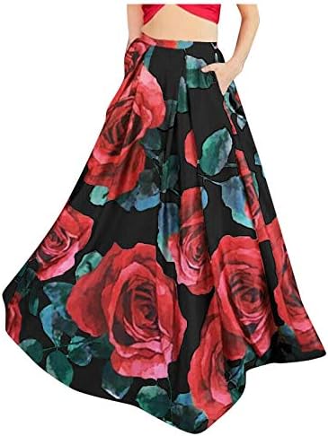 Fulijie kadın elbiseleri Yaz Bohemian Elbise Çiçek Baskı Maxi Etek Yüksek Bel Cep Parti Plaj Uzun Etek