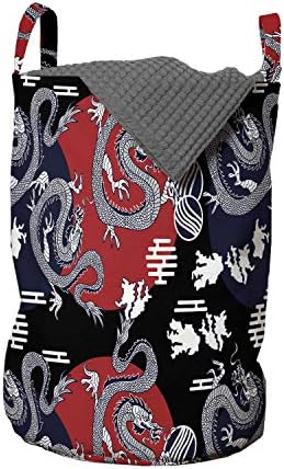 Ambesonne Dragon Çamaşır Torbası, Kıvrımlı Kuyruklu Japon Sanat Deseninden İlham Alan Grafik, Kulplu Sepet Çamaşırhaneler