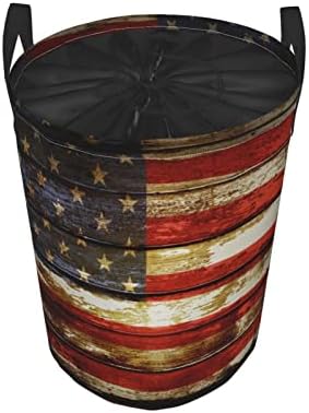 Wozukıa Amerikan Bayrağı çamaşır sepeti Closeup Amerikan Bayrağı Panoları Vintage Ahşap İpli Su Geçirmez Yuvarlak Katlanabilir